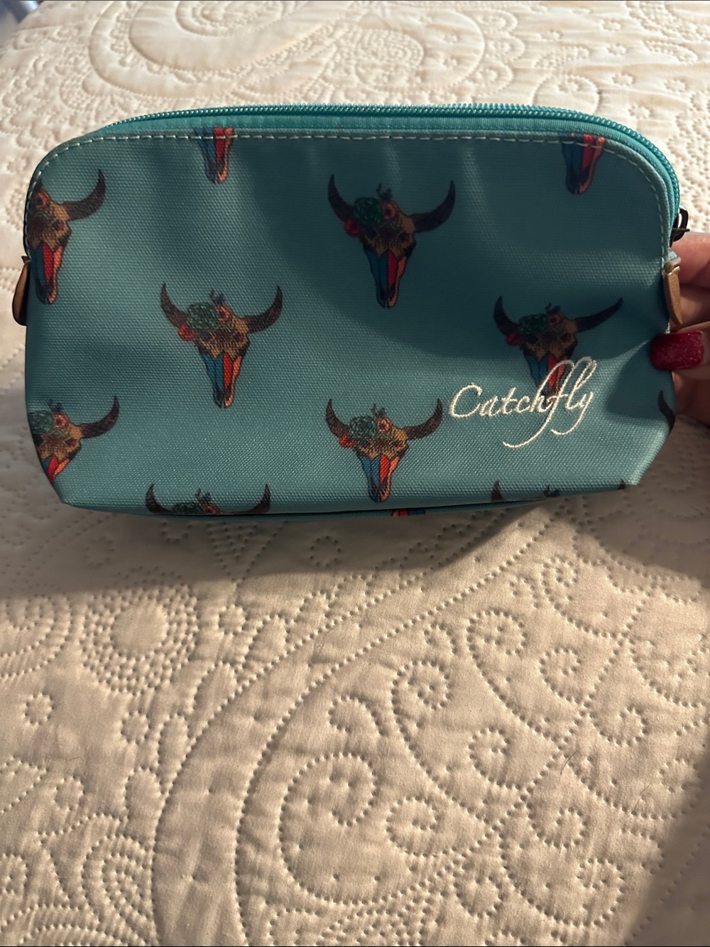 Catchfly Teal Skull Print Cosmetic Bag